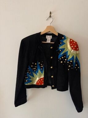Vintage Pia Rucci 80s Cropped Leather Studded Colorful Art Deco Jacket